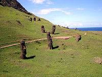 Once cut from the host rock, the moai were tipped up into holes to finish the back.